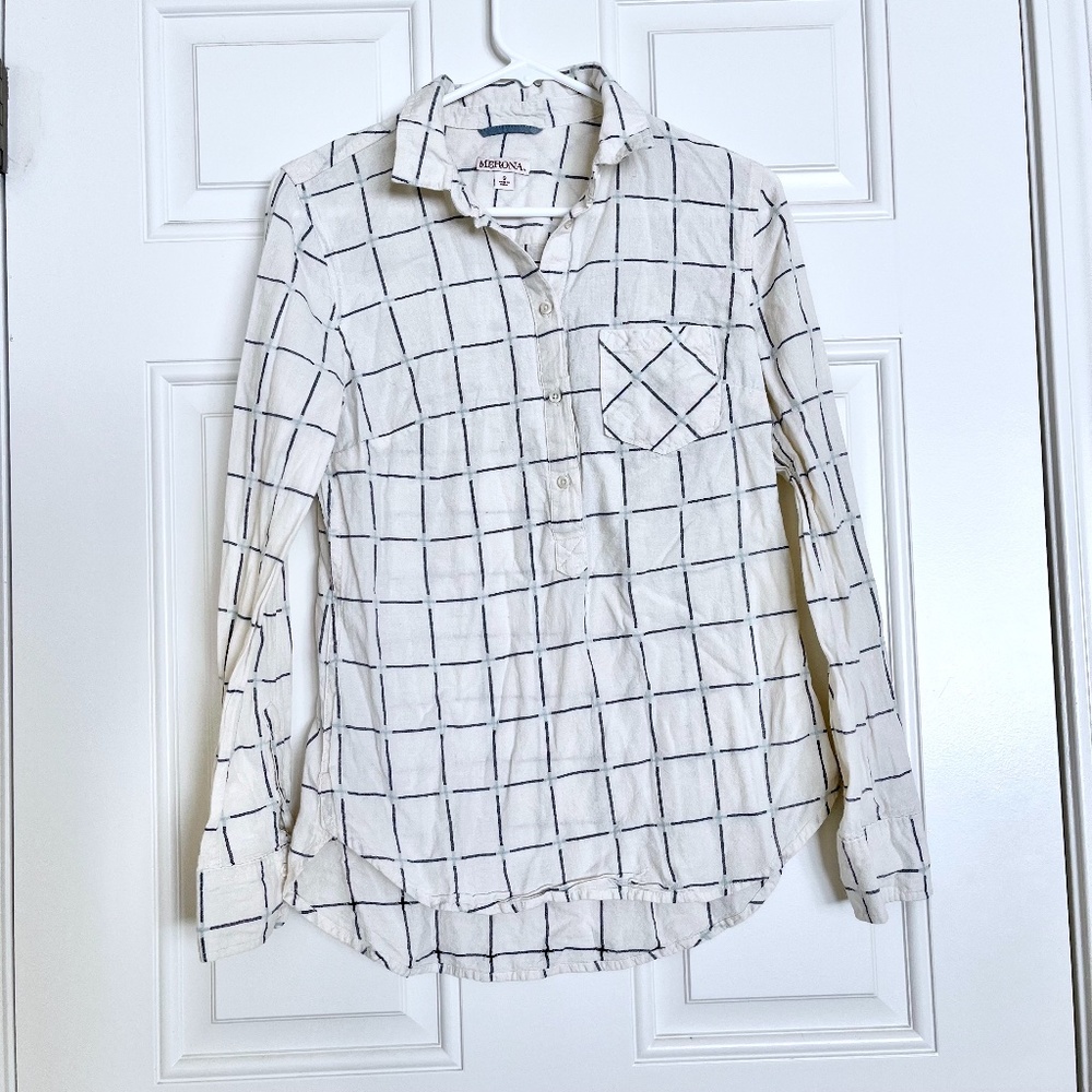 Merona button-down long-sleeve plaid top S small cream blue